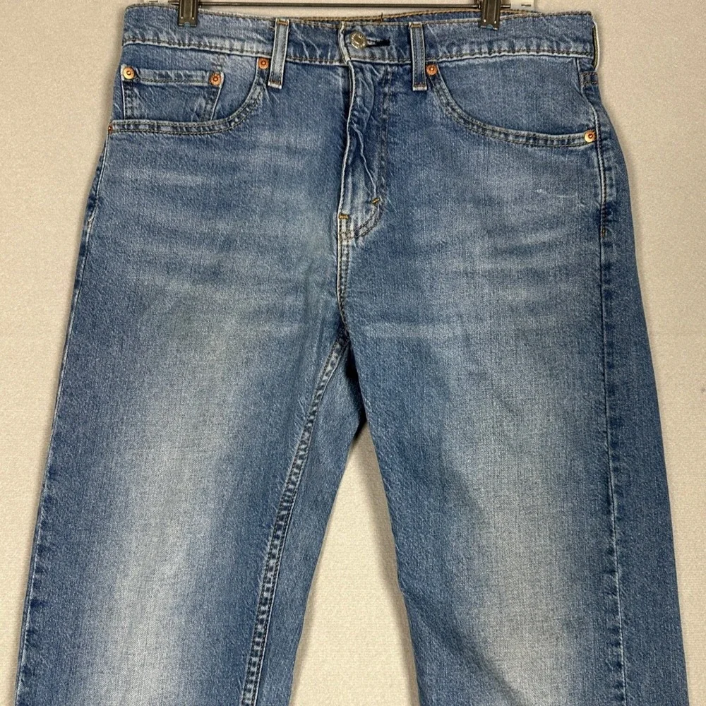 Levis 505 Jeans Mens 32X32 Blue Straight Leg Distressed Whiskering Stretch Denim